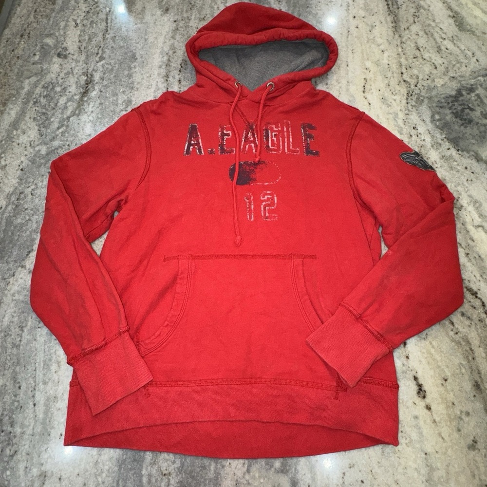 American Eagle Y2K Men's Pullover Hoodie Red Black Patch Sz L 2009 School Skater